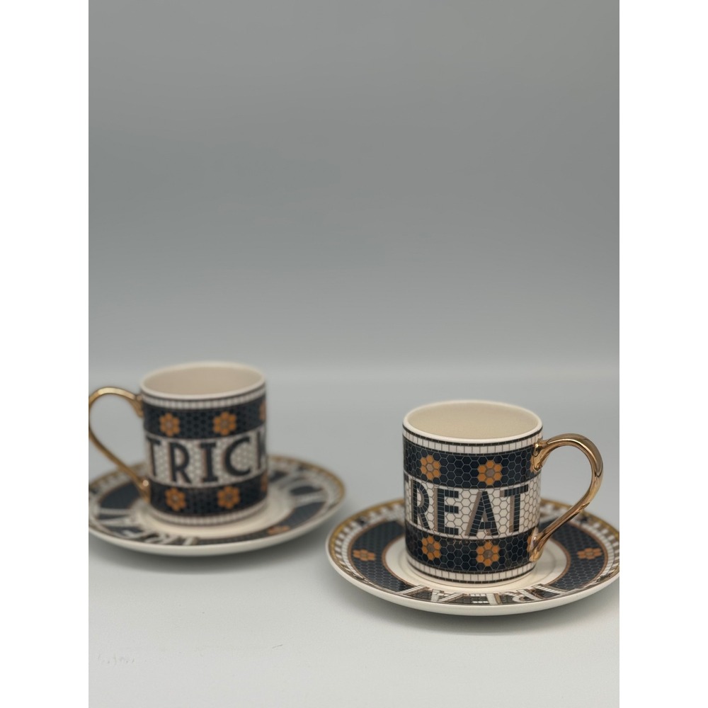 Anthropologie Bistro Tile Trick or Treat Espresso Cup and Saucer Set Halloween - Picture 6 of 6